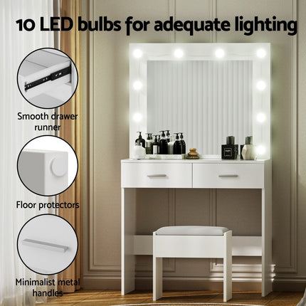 Artiss Dressing Table Vanity Desk Set Stool 10 Led Bulbs White.