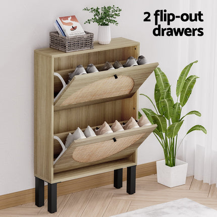 Artiss Shoe Rack Cabinet 2 Drawers Rattan 6 Pairs.