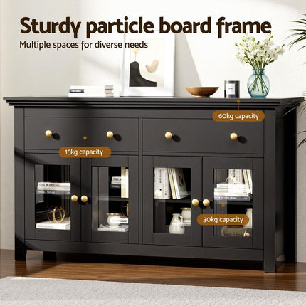 Artiss Buffet Sideboard Storage Cabinet Kitchen Cupboard Clear Door Drawer Black.