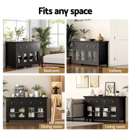 Artiss Buffet Sideboard Storage Cabinet Kitchen Cupboard Clear Door Drawer Black.
