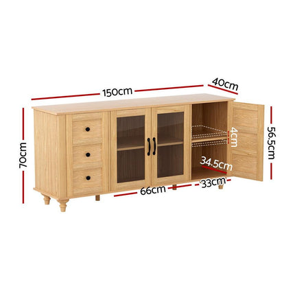 Artiss Buffet Sideboard Storage Cabinet Kitchen Cupboard Faux Drawer 150CM Pine.