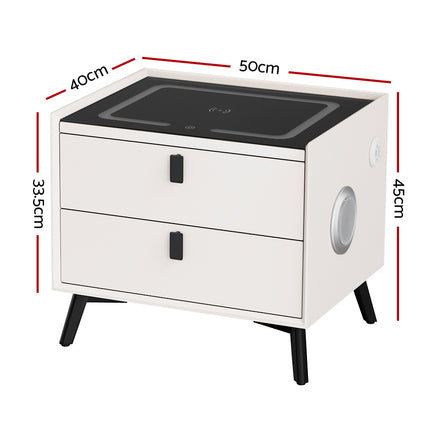 Artiss Smart Bedside Table 2 Drawers with Wireless Charging Ports LED White AIKA.