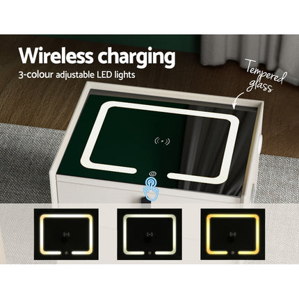 Artiss Smart Bedside Table 2 Drawers with Wireless Charging Ports LED White AIKA.