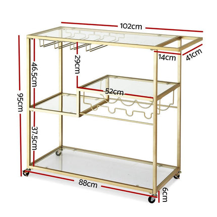 Artiss Bar Cart Drink Trolley Serving Cocktail Wine Rack Glass Holder 102cm Gold.
