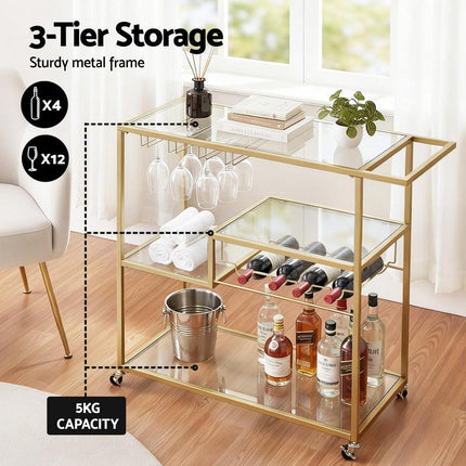 Artiss Bar Cart Drink Trolley Serving Cocktail Wine Rack Glass Holder 102cm Gold.