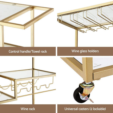 Artiss Bar Cart Drink Trolley Serving Cocktail Wine Rack Glass Holder 102cm Gold.