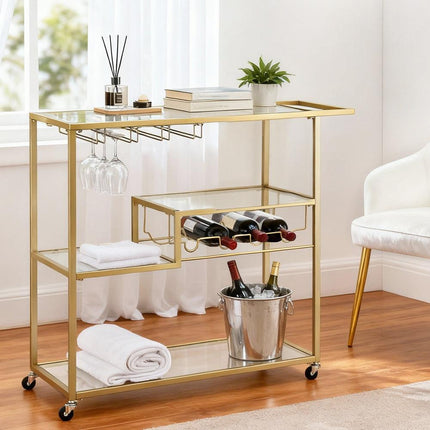 Artiss Bar Cart Drink Trolley Serving Cocktail Wine Rack Glass Holder 102cm Gold.