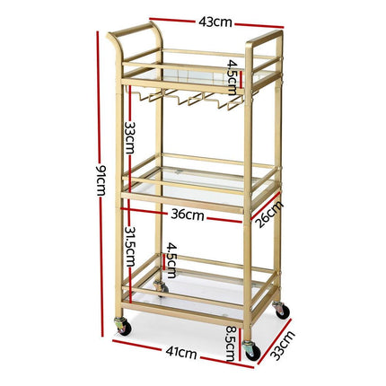 Artiss Kitchen Island Cart Trolley Rolling Serving Storage Wine Glass 43cm Gold.