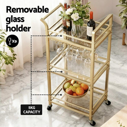 Artiss Kitchen Island Cart Trolley Rolling Serving Storage Wine Glass 43cm Gold.