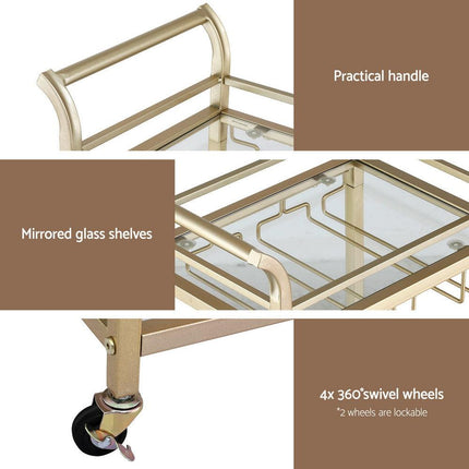 Artiss Kitchen Island Cart Trolley Rolling Serving Storage Wine Glass 43cm Gold.