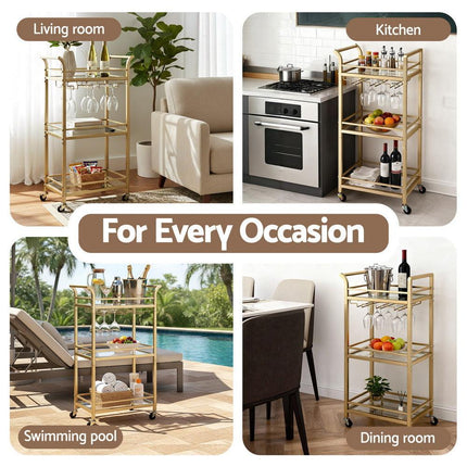 Artiss Kitchen Island Cart Trolley Rolling Serving Storage Wine Glass 43cm Gold.
