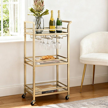 Artiss Kitchen Island Cart Trolley Rolling Serving Storage Wine Glass 43cm Gold.