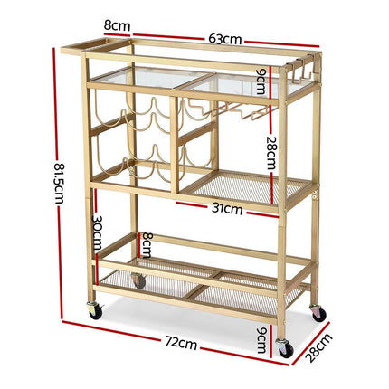 Artiss Bar Cart Drinks Trolley Serving Wine Rack Glass Holder 3 Hooks 72cm Gold.