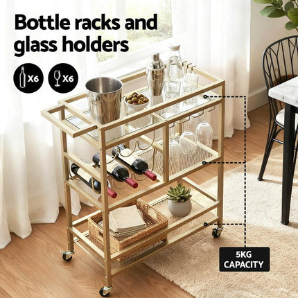 Artiss Bar Cart Drinks Trolley Serving Wine Rack Glass Holder 3 Hooks 72cm Gold.