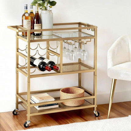 Artiss Bar Cart Drinks Trolley Serving Wine Rack Glass Holder 3 Hooks 72cm Gold.