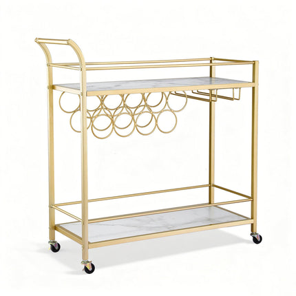 Artiss Bar Cart Drinks Trolley Serving Wine Rack Glass Holder Marble 85cm Gold.
