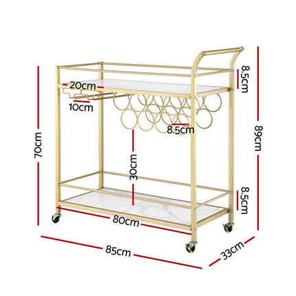 Artiss Bar Cart Drinks Trolley Serving Wine Rack Glass Holder Marble 85cm Gold.