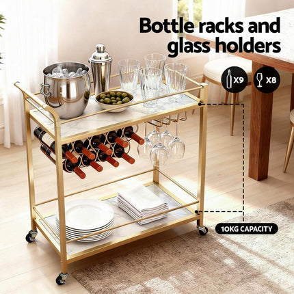 Artiss Bar Cart Drinks Trolley Serving Wine Rack Glass Holder Marble 85cm Gold.