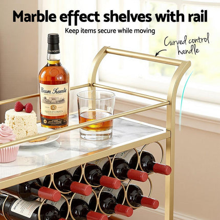 Artiss Bar Cart Drinks Trolley Serving Wine Rack Glass Holder Marble 85cm Gold.