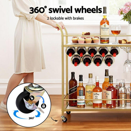 Artiss Bar Cart Drinks Trolley Serving Wine Rack Glass Holder Marble 85cm Gold.