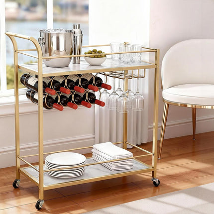 Artiss Bar Cart Drinks Trolley Serving Wine Rack Glass Holder Marble 85cm Gold.