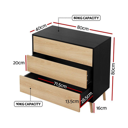 Artiss 3 Chest of Drawers Dresser Table Black&Pine.