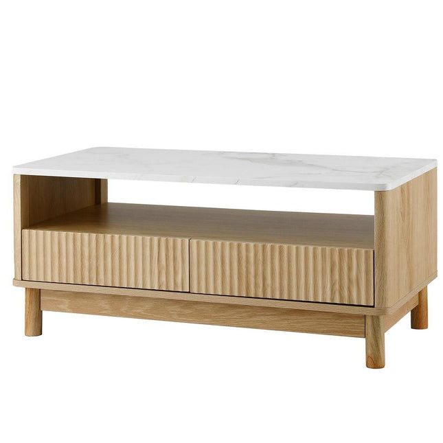 Artiss Coffee Table Drawer Shelf Marble Effect Wood&White.