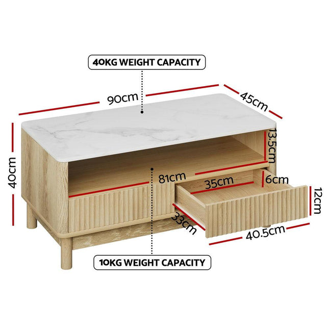 Artiss Coffee Table Drawer Shelf Marble Effect Wood&White.