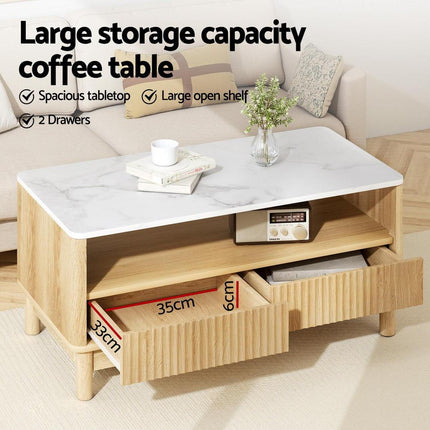 Artiss Coffee Table Drawer Shelf Marble Effect Wood&White.