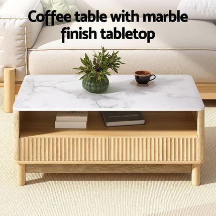 Artiss Coffee Table Drawer Shelf Marble Effect Wood&White.