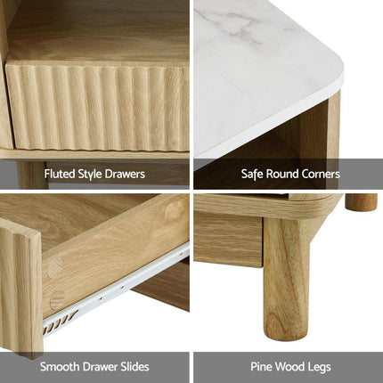 Artiss Coffee Table Drawer Shelf Marble Effect Wood&White.
