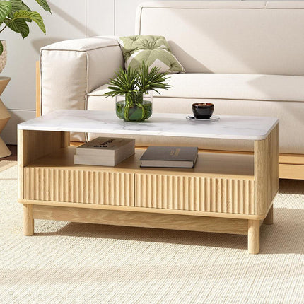 Artiss Coffee Table Drawer Shelf Marble Effect Wood&White.