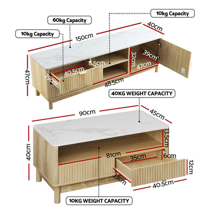 Artiss TV Unit & Coffee Table Set Storage Drawers Pine.