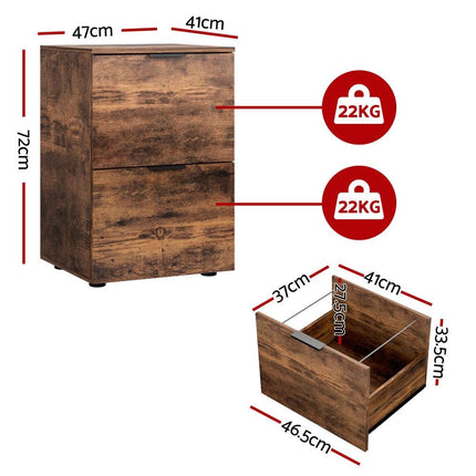 Artiss Filing Cabinet Files Storage Office Shelves File Organiser Rustic Brown 2 Drawer.