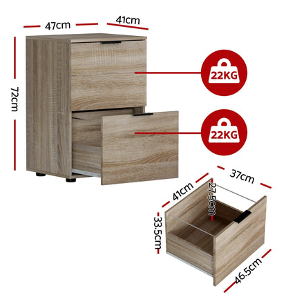 Artiss Filing Cabinet Files Storage Office Shelves File Organiser Oak 2 Drawer.