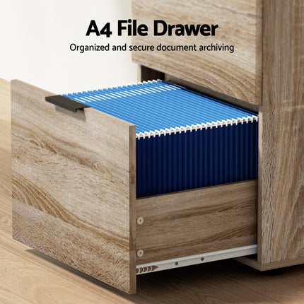 Artiss Filing Cabinet Files Storage Office Shelves File Organiser Oak 2 Drawer.