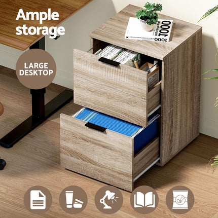 Artiss Filing Cabinet Files Storage Office Shelves File Organiser Oak 2 Drawer.