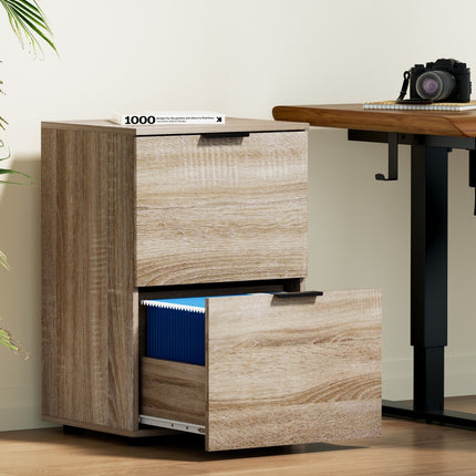 Artiss Filing Cabinet Files Storage Office Shelves File Organiser Oak 2 Drawer.