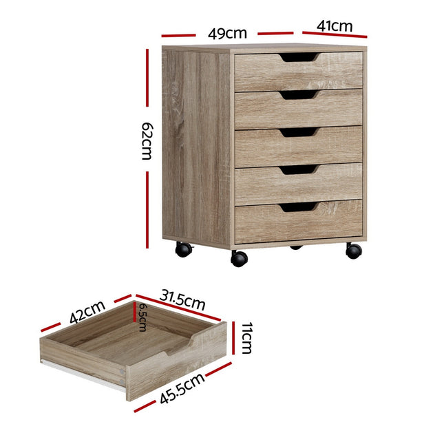 Artiss 5-Drawer Filing Cabinet Mobile Rolling Storage Cabinet Chest of Drawers Stand Scratch Beige.
