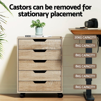 Artiss 5-Drawer Filing Cabinet Mobile Rolling Storage Cabinet Chest of Drawers Stand Scratch Beige.