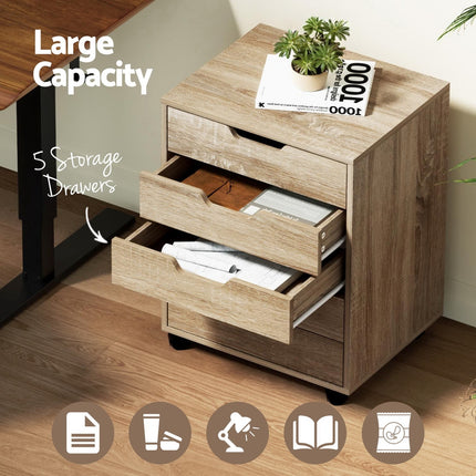 Artiss 5-Drawer Filing Cabinet Mobile Rolling Storage Cabinet Chest of Drawers Stand Scratch Beige.