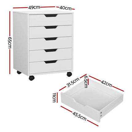 Artiss 5-Drawer Filing Cabinet Mobile Rolling Storage Cabinet Chest of Drawers Stand White.