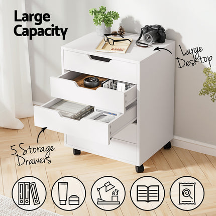Artiss 5-Drawer Filing Cabinet Mobile Rolling Storage Cabinet Chest of Drawers Stand White.