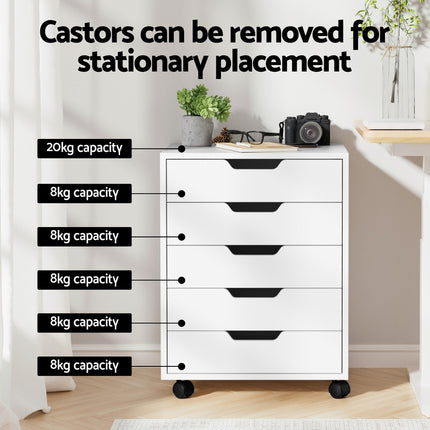Artiss 5-Drawer Filing Cabinet Mobile Rolling Storage Cabinet Chest of Drawers Stand White.