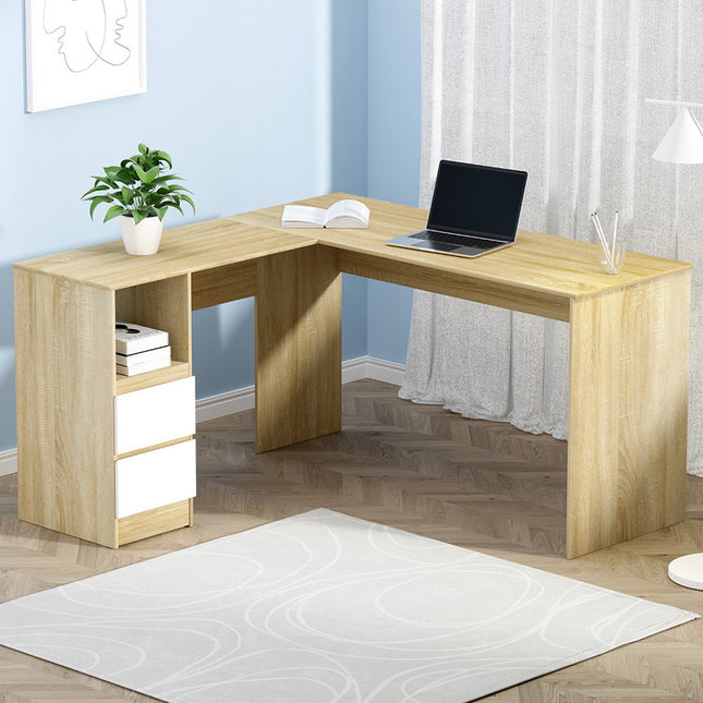 Artiss Computer Desk Drawer Cabinet L-Shape Oak 136CM.
