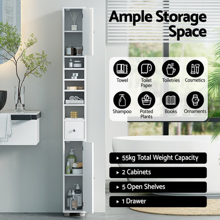 Artiss Bathroom Storage Cabinet 180cm Tall Slim Floor Cupboard Toilet Narrow Linen Tower.