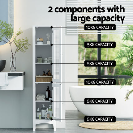 Artiss Bathroom Storage Cabinet 160cm Tall Slim Floor Cupboard Toilet Glass Door White.