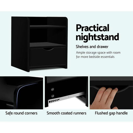Artiss 2X Bedside Table 1 Drawer with Shelf - FARA Black.
