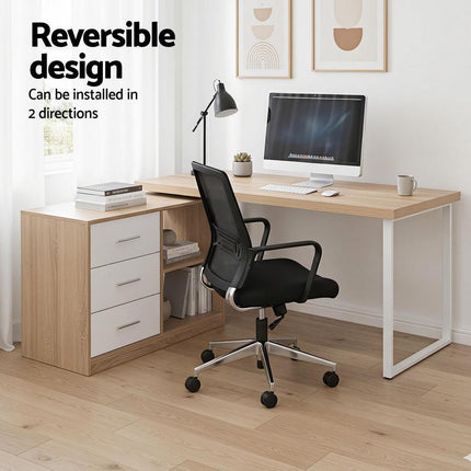 Artiss Computer Desk Swivelling L shape Home Office Storage Cabinet Oak.