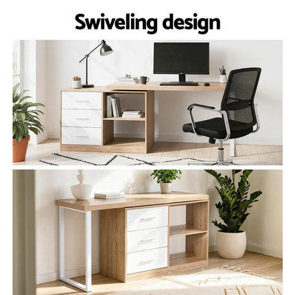 Artiss Computer Desk Swivelling L shape Home Office Storage Cabinet Oak.
